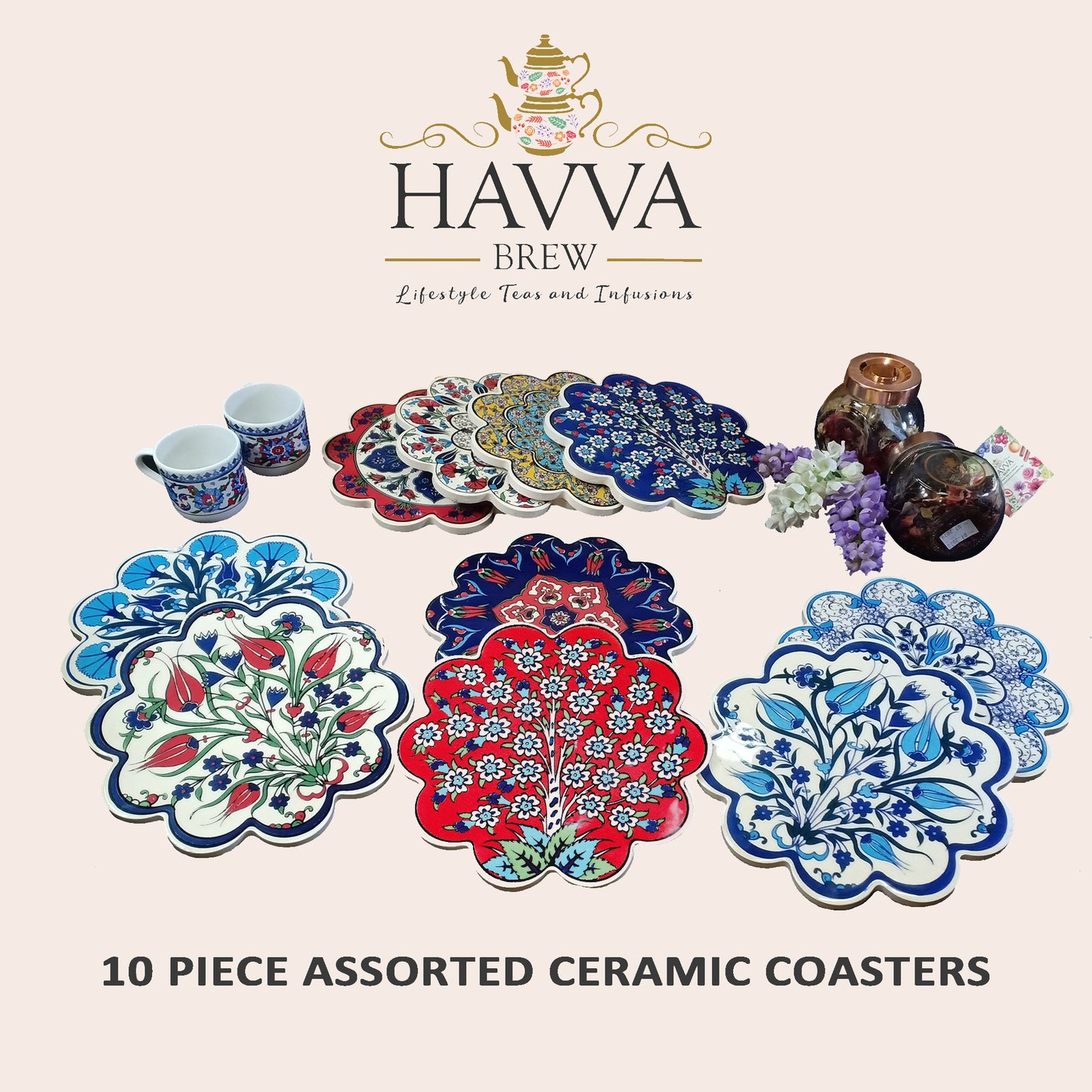 Assorted Authentic Turkish Design Hand-Painted Ceramic Coasters (Random Designs)